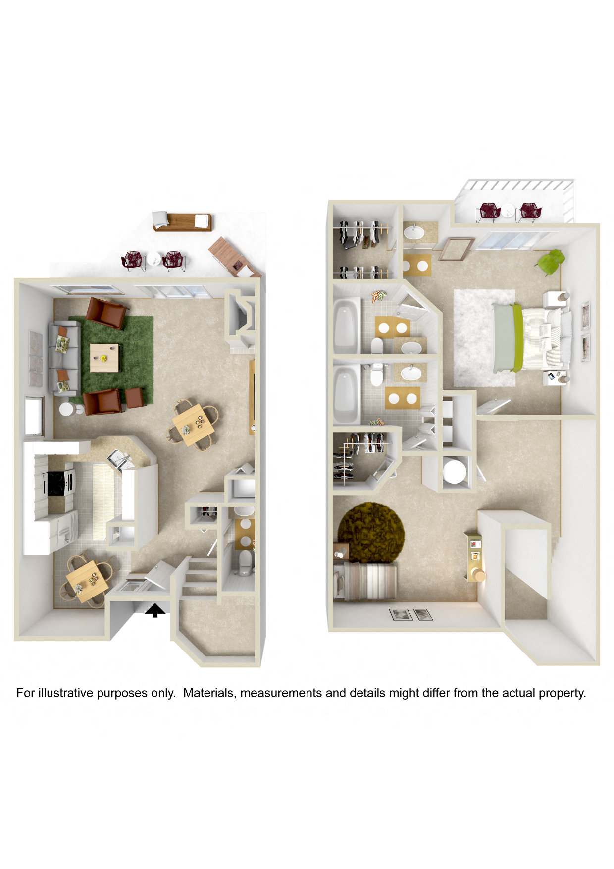 Floor plan for 2 beds, 2.5 baths, 1249 sqft